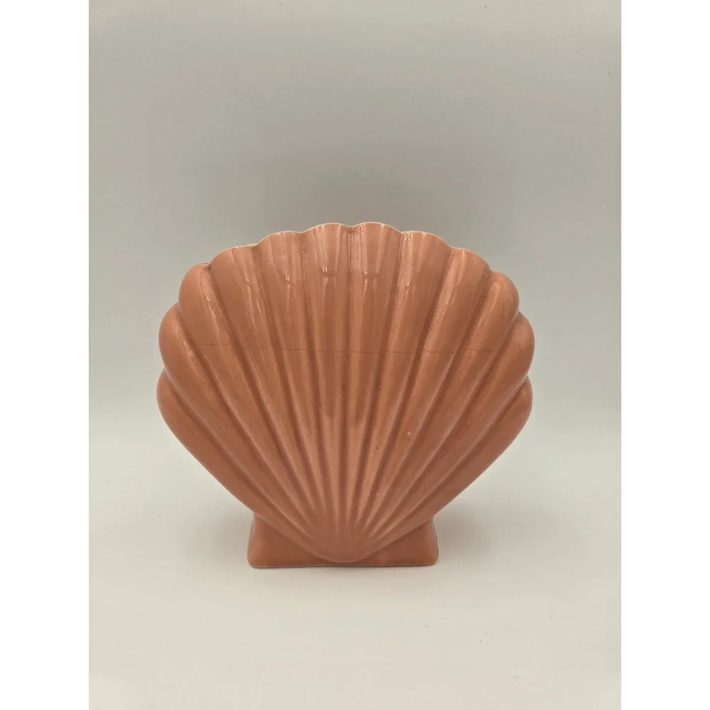 1980s Ceramic Shell Vase Art Deco Revival Scallop Pink Dusty Rose Decor Fan